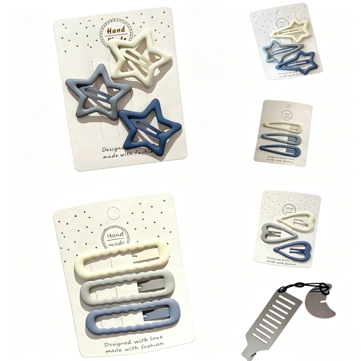 Agrafe par metal, clame par decorative, stil stea, aurii si argintii, set 15 bucati, pentru fete si adolescente, cadou fete, include sistem siguranta usa