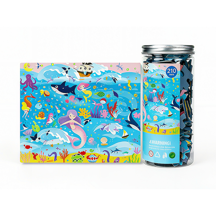 Детски пъзел 210 части Подводен свят, Образователна игра 5+ години, Голям пъзел от здрав картон, Образователна играчка за развитие на логика и концентрация, Подарък за момиче и момче, Кутия за съхранение тип кофа