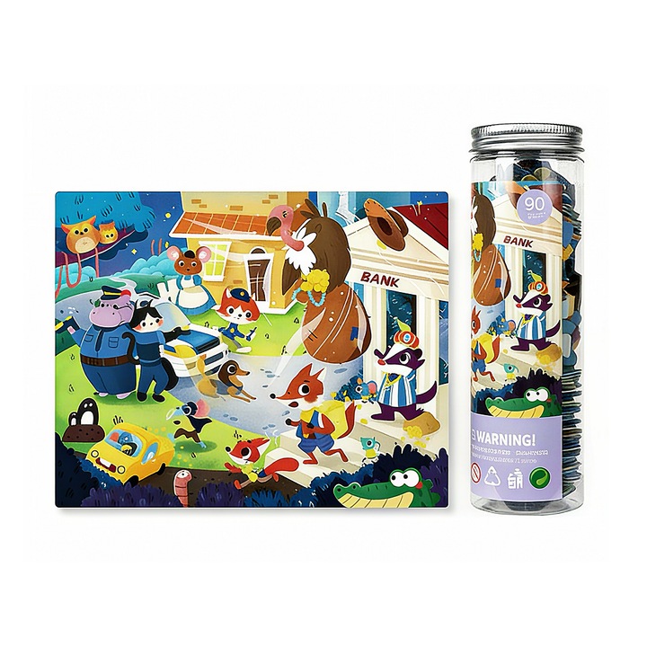 Oktató puzzle gyerekeknek 90 darabos, állatos mesetémájú karton puzzle, oktató játék 3+ éves gyerekeknek, logikai és koncentrációfejlesztő puzzle, oktató játék gyerekeknek, puzzle készlet hengeres tárolódobozzal