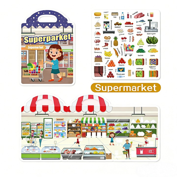 Carte cu stickere tip jeleu reutilizabile copii 2 3 4 ani, Carte cu abtibilduri lavabile, Joc educativ prescolari, Carte linistita DIY pentru dezvoltare concentrare si motricitate fina, Model Supermarket