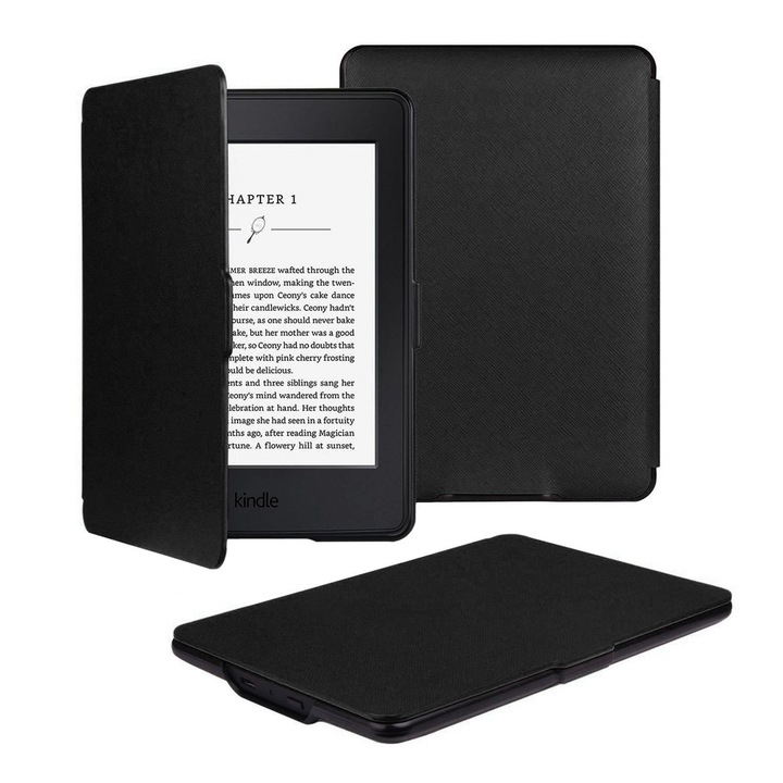 Etui Strap Case set pentru Kindle Paperwhite 1/2/3, ecologic, negru, functie de automata de trezire si inchidere magnetica