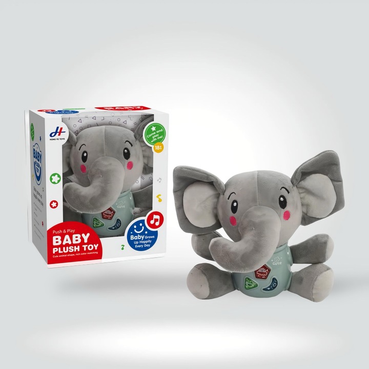 Elefantel de plus interactiv, muzica si lumini, gri, 16x15x10cm, 18 luni+