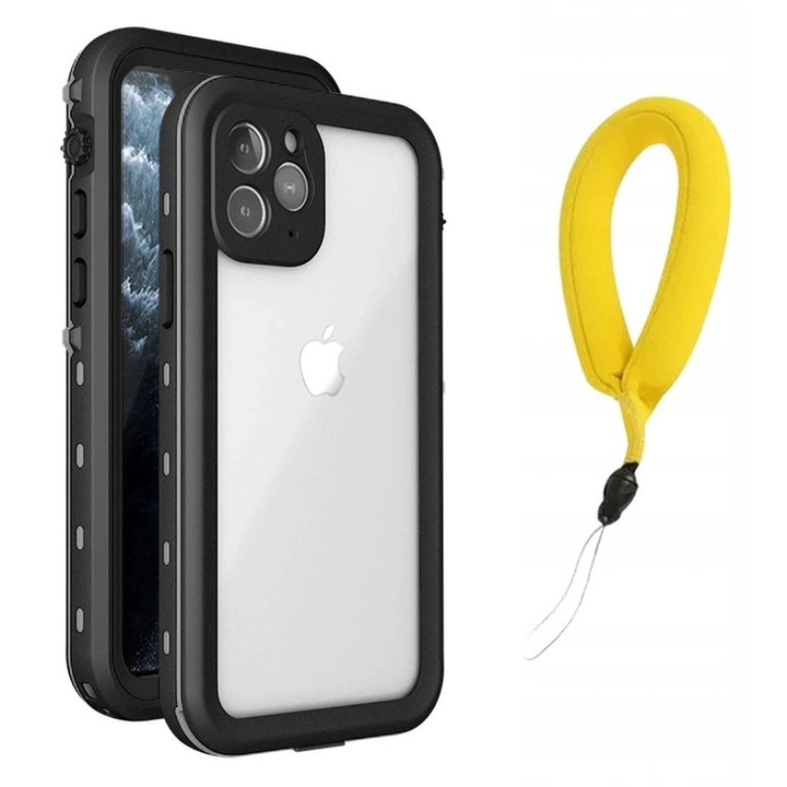 Etui waterproof 360 pentru iPhone 12 Mini, negru, set cu bratara si stergator din microfibra