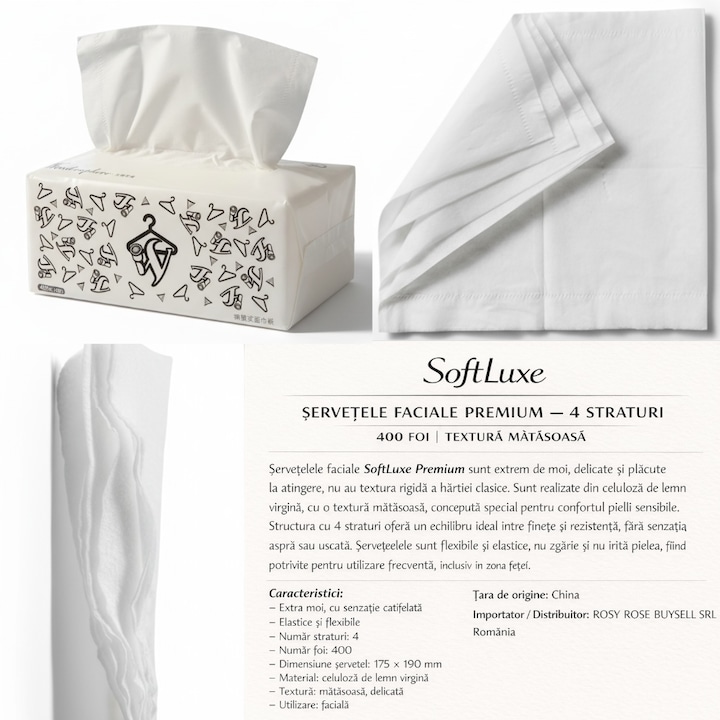 Servetele Faciale SoftLuxe Premium, Extra Moi, 4 Straturi, 400 Foi, Textura Matasoasa, Celuloza de Lemn Virgina