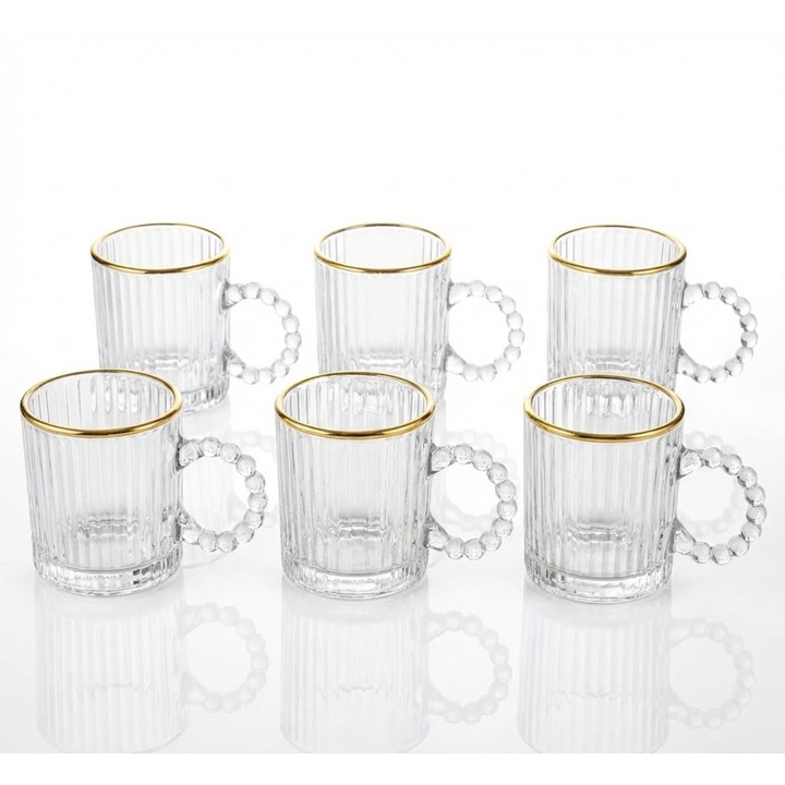 Set 6 Cesti Sticla Borosilicata cu Margine Aurie, 115ml, Design Texturat, Maner cu Bile, MADGENIX