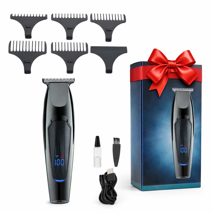 Masina Profesionala de Tuns si Contur Damar, Lama Ceramica, Fara Fir, Display Digital, USB, Portabil, Reincarcabila, Rezistenta la Apa – Pentru Par, Barba si Design, Gri, Pentru toate tipurile de piele