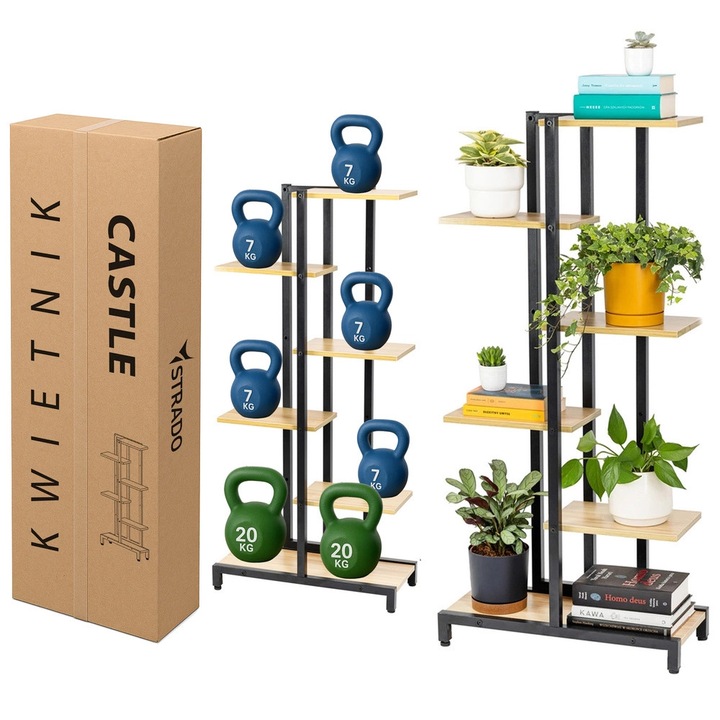 Kwietnik stand 6 niveluri Castle, metal, negru, 125cm, 60x32,5cm