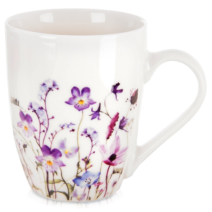 Cana Confectionata Din Portelan Alb Rafinat Marca Orion Seria Louka, Aceasta Iese Cu Adevarat In Evidenta Prin Intermediul Decorului Sau Deosebit Cu Motive Florale De Camp, Prezinta Capacitate De 360 Ml, Incalzind Rapid Cafeaua Si La Microunde