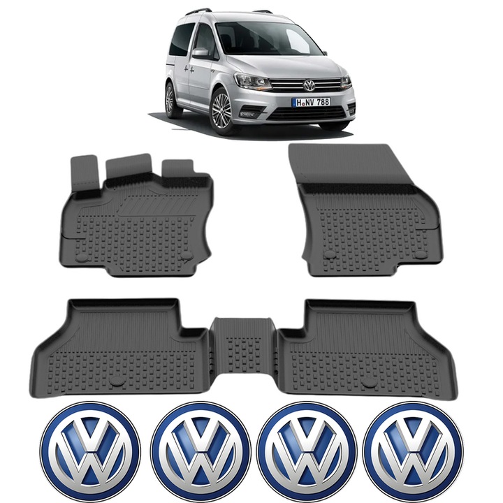 Set covorase presuri Volkswagen Caddy din 2020, auto, CRI-FLO, din cauciuc thermoplastic, 4 Stickere auto cu Volkswagen