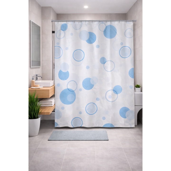 Perdea de dus, 100% poliester, 180 x 200 cm, model geometric cu cercuri albastre, rezistenta la apa, usor de curatat si intretinut