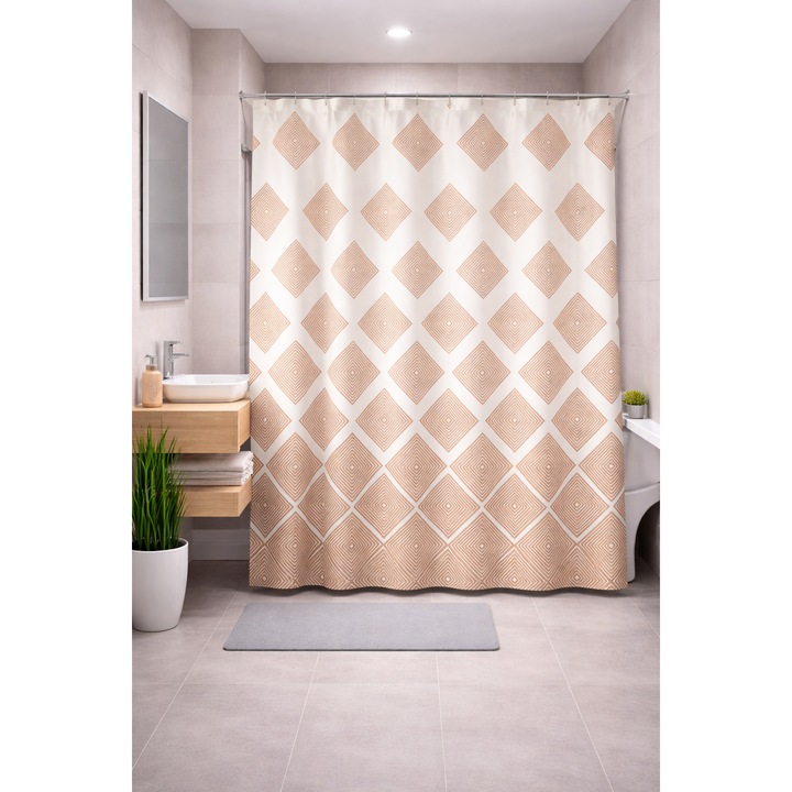 Perdea de dus, bej, 180x200cm, poliester, rezistent la apă, ușor de curățat