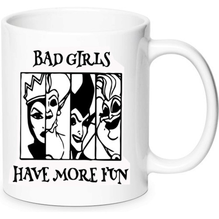 Cana ceramica Disney Villains "Bad Girls Have More Fun", 330ml, design cu citat, lavabila la masina de spalat.