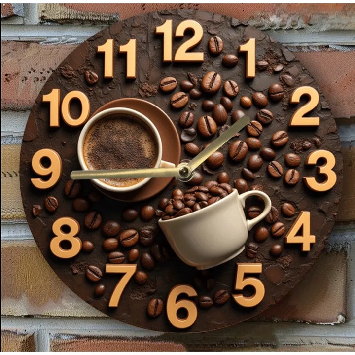 Ceas decorativ, model Vintage Coffee Hour, handmade, cadou pentru cei dragi, lemn natural, baterie AA inclusa, Candelis, 20cm