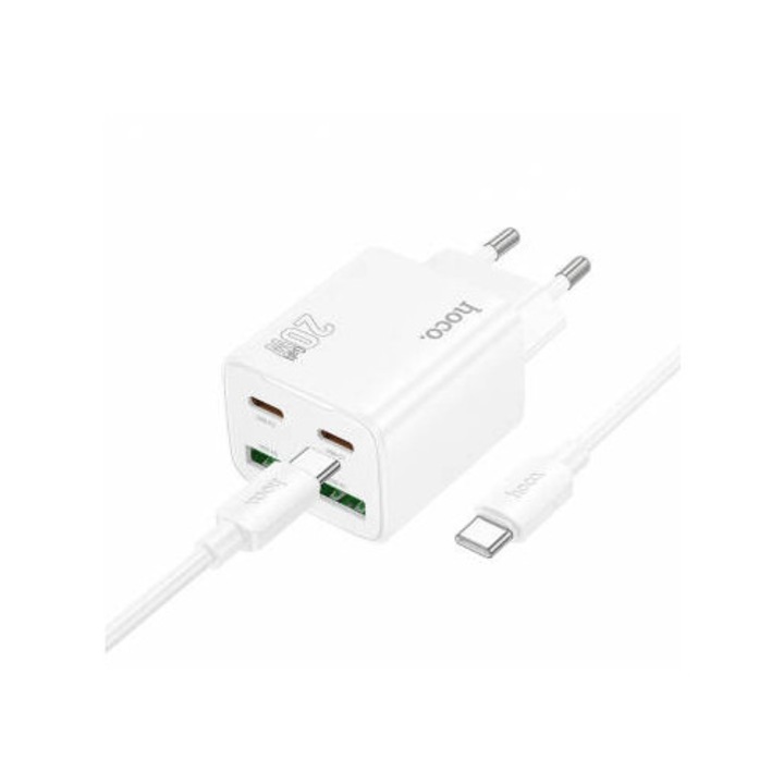 Hoco n55 hálózati töltő 2 usb+2 type-c aljzat, 20w, gan, pd gyorstöltő 3.0 + type-c kábel, fehér