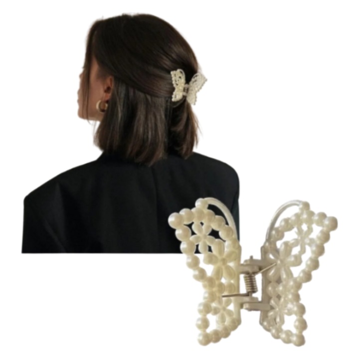 Clips clama pentru par tip fluture, plastic perlat elegant – accesoriu coafura feminin