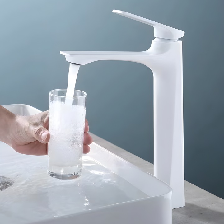 Baterie Lavoar Inalta BiXXBi Bath X, Montaj pe Blat, Finisaj Alb Mat, Anti-amprenta, Monocomanda, Cartus Ceramic Soft, Aerator Economic Neoperl, Constructie Solida Aliaj Cupru-zinc, Compatibila cu Lavoar Tip Bol, Durabila, Racorduri, Inaltime 30 cm