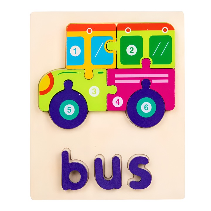 Puzzle Montessori din lemn pentru copii, 3D, model Autobuz, educativ, intuitiv, creativ, materiale naturale, 18 x 15 x 1 cm, bebeLOGIC™