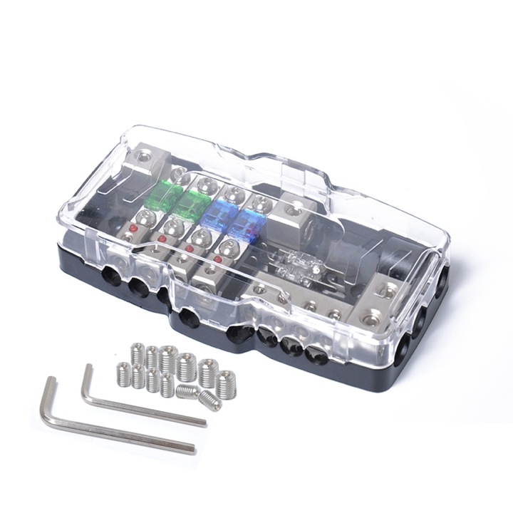Bloc de sigurante multifunctional pentru masini, Generic, 2 intrari x 4 iesiri, 2x30A si 2x60A, LED rosu, 12v-24v DC