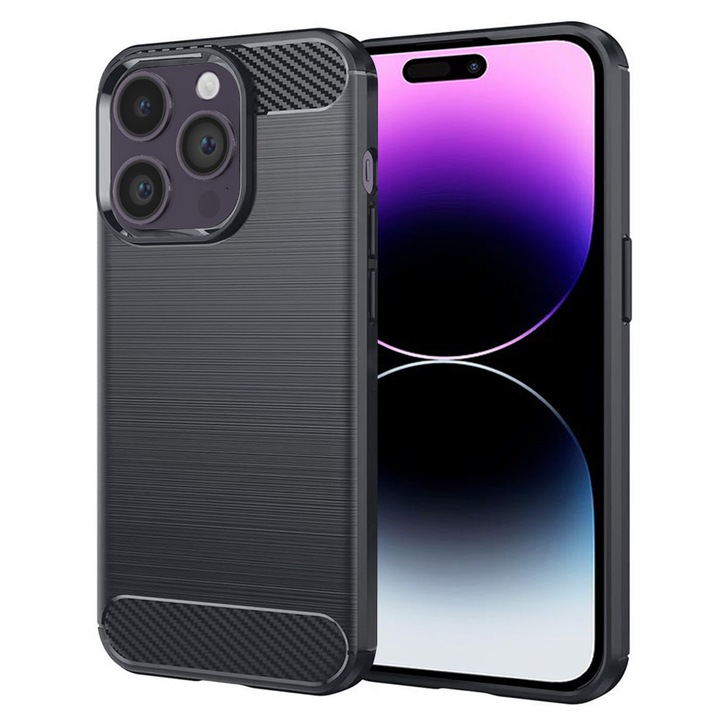 Husa Carbon pentru Apple iPhone 14 Pro Max, Silicon TPU Durabil, Protectie sporita, Rezistenta la socuri, Grip Anti-Alunecare, Neagra
