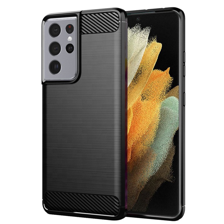 Husa Carbon pentru Samsung Galaxy S21 Ultra 5G, Silicon TPU Durabil, Protectie sporita, Rezistenta la socuri, Grip Anti-Alunecare, Neagra