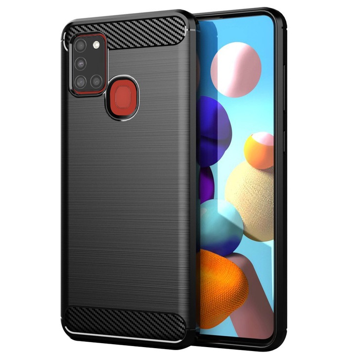 Husa Carbon pentru Samsung Galaxy A21s, Silicon TPU Durabil, Protectie sporita, Rezistenta la socuri, Grip Anti-Alunecare, Neagra