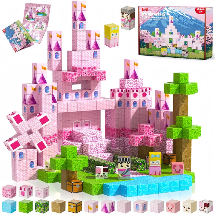 Set de blocuri magnetice 100PCS, Blocuri magnetice de constructie, Castelul Printesei， joc educativ STEM pentru creativitate, dezvoltare abilitati motorii, creativitate si dezvoltare cognitiva, plastic ABS,3-10+ ani, Roz