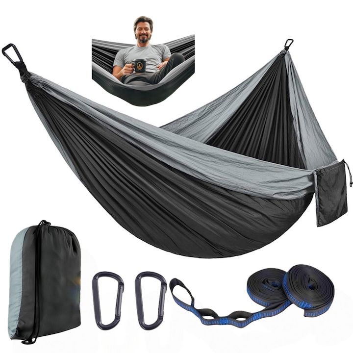 Hamac camping, Wacorresi®, cu saci de depozitare, moale si confortabilaultra usor, chingii de prindere si carabiniere, aventura 270x140 cm, Negru/gri