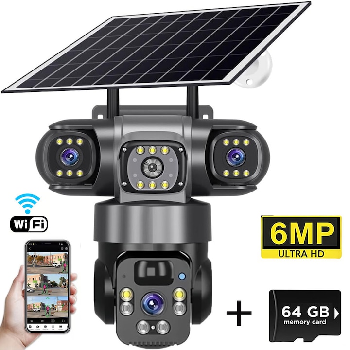 Camera de supraveghere solara wireless de 6MP pentru exterior, camera WiFi cu trei obiective 2.4Ghz, vedere PTZ la 360º, monitorizare 24/7, vedere nocturna color, detectare PIR a prezentei umane, conversatie bidirectionala, Card 64 GB cadou