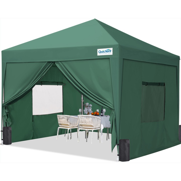 Pavilion pliabil Quictent 3x3, impermeabil, cu 4 pereti laterali detasabili, verde, livrat cu geanta de transport cu roti