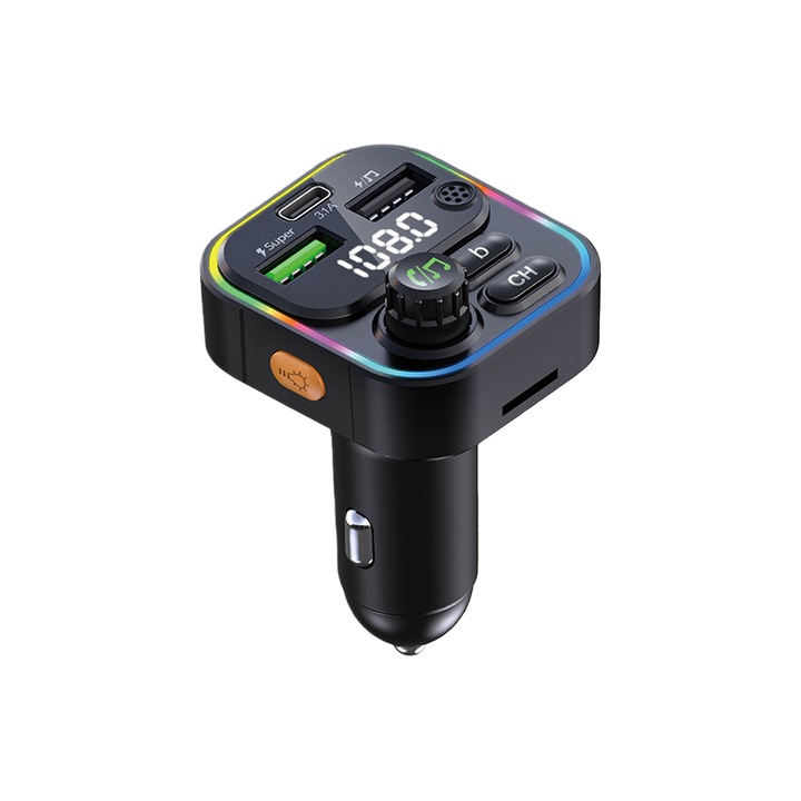 Autós Bluetooth adapter, 22,5 W összteljesítmény, DC12V/24V kimeneti áram, USB/TF, széles kompatibilitás, plug and play, hordozható, fekete