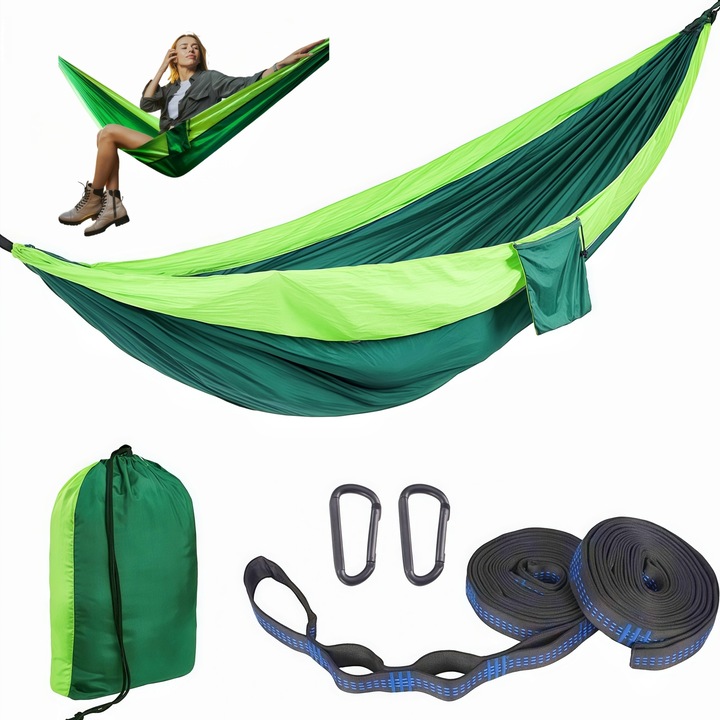 Hamac Dublu, Wacorresi®, Hamac camping, cu saci de depozitare, moale si confortabilaultra usor, excelent pentru camping, chingii de prindere si carabiniere, aventura 300x200 cm, Verde inchis