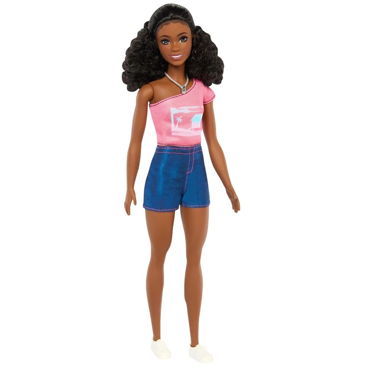 Barbie Brooklyn baba, korall póló és farmer rövidnadrág szett