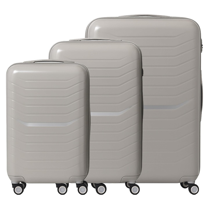 Set de bagaje Relaxdays, 3 piese, 4 roti, carcasa tare, 3 dimensiuni, maner telescopic, incuietoare cu combinatie TSA, valiza de voiaj, bej