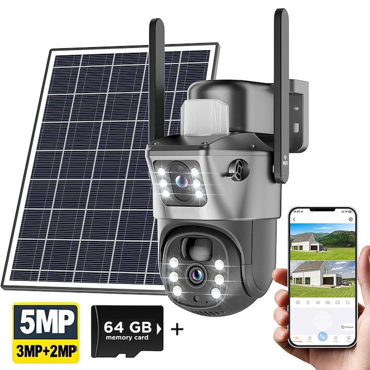 Camera de supraveghere solara PTZ cu doua obiective, wireless, pentru exterior, camere WiFi 2.4G pentru securitatea casei, alimentata de baterie, vedere la 360°, vedere nocturna color 2K 3+2MP, audio bidirectional, detectare PIR, Card 64 GB cadou