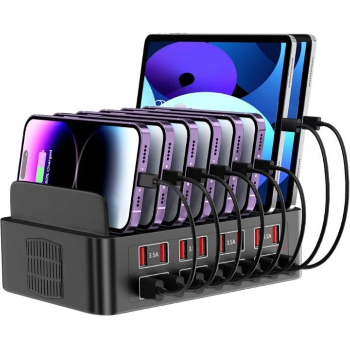 Statie de incarcare 150 W pentru mai multe dispozitive, statie de incarcare pentru telefon cu 16 porturi, cu comutator de alimentare, statie de incarcare cu organizator multi USB pentru iPhone, Android, iPad, telefon mobil, tablete, AjieQaQ®