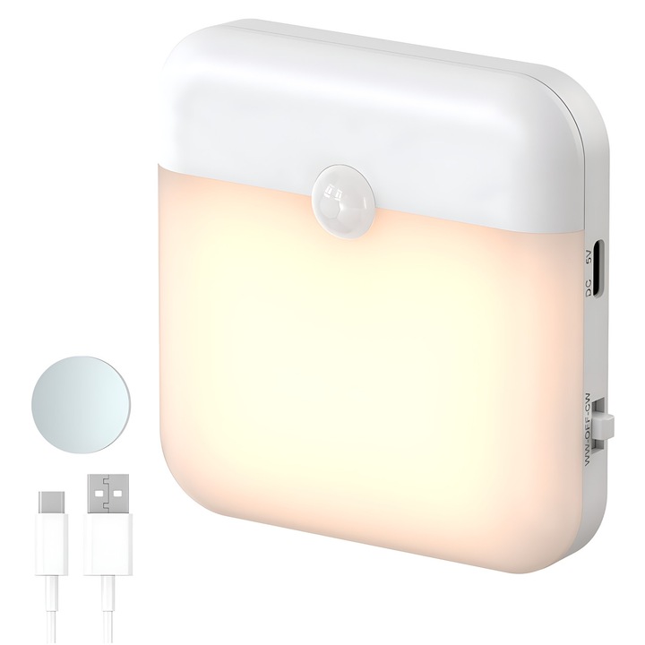 Lampa de veghe cu senzor de miscare, SENGOOG, 3 moduri, lumina calda, incarcare USB, 78x78x17mm, alb