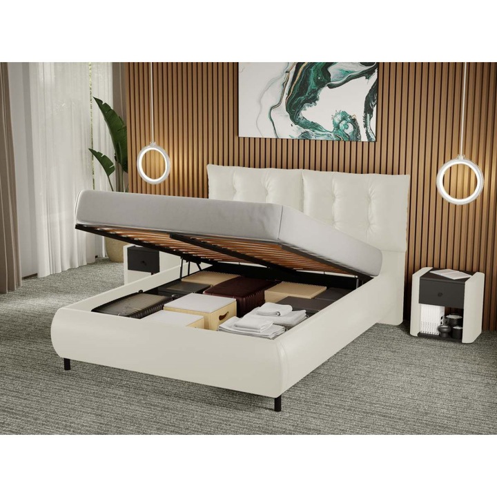 Pat Tapitat Anubis, Rabatabil cu Perne pe Spatar, 160x200, Alb/Nube 1