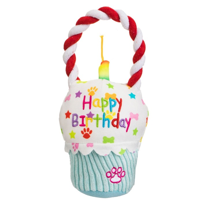 Kutyajáték, "Boldog születésnapot" cupcake, zsinórral és hanghatással, 13x8x23cm