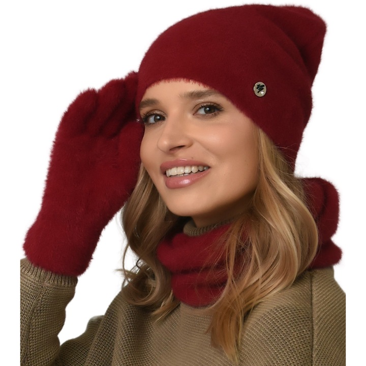 Set dama: Caciula beanie, komin si manusi, Alur, bordo, dimensiune universala