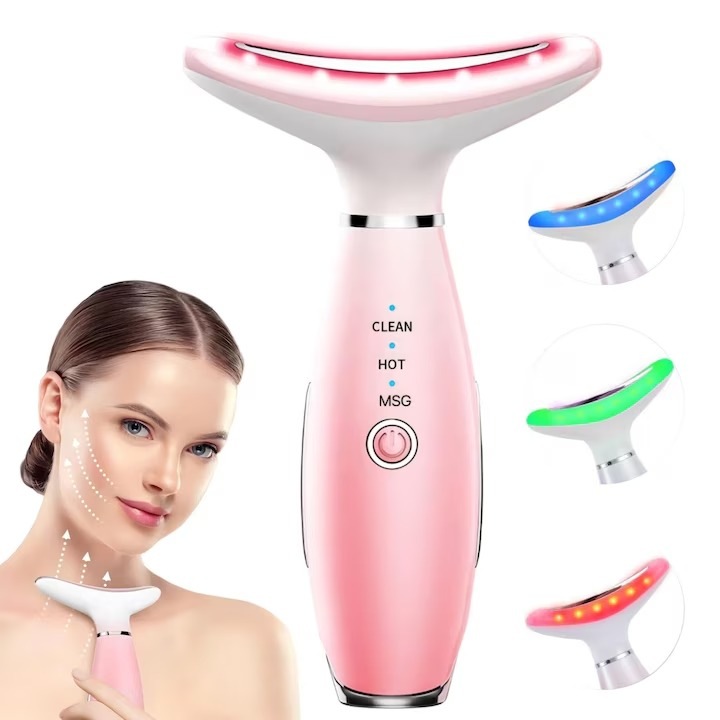 Többfunkciós szépségápoló készülék, Aiorber, arcmasszázs, fényterápia, rózsaszín