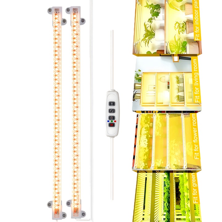 Növénynevelő lámpa, Wacorresi®, Merev LED szalag, 1 szett 2 darab, Automatikus időzítő 3/9/12h, a növények gyorsított növekedéséhez, 10 fényerősségi szint, 3 fénymód, alumínium, fekete
