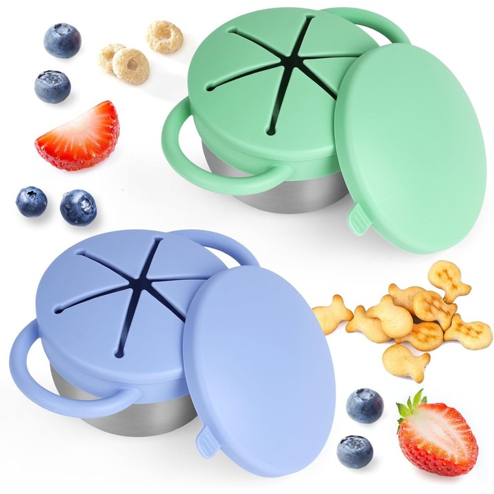Set 2 cupe pentru gustari bebelusi, design 3-in-1, din otel inoxidabil si capac din silicon, usor de curatat, colorate (albastru si verde)