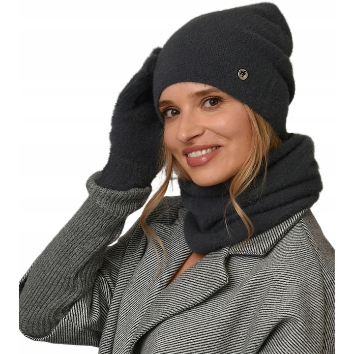 Set dama: Caciula beanie, komin si manusi, Alur, alpaca, gri, dimensiune universala