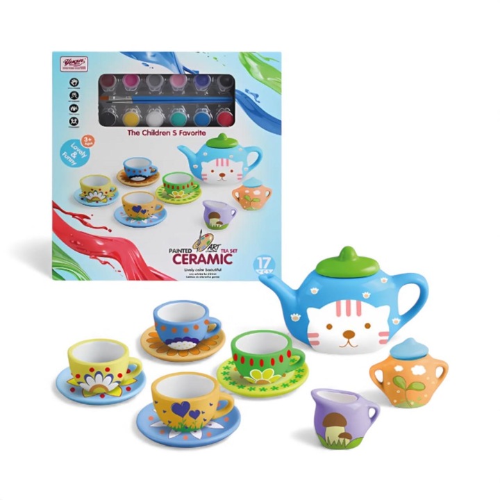 Set Creativ de Pictura pentru Copii – Ceainic si Cescute Ceramica, 17 Piese, Culori Vibrante, 3+ Ani
