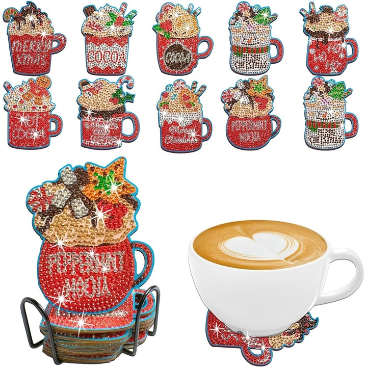 Set de pictura cu diamante, 10 suporturi pahare Craciun, modele diverse, acril, colorat