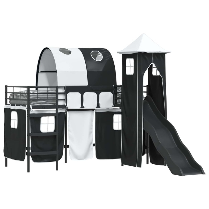 Cadru de pat supraetajat, vidaXL, metal, negru, 75x190cm, cu perdele albastre și negre, tobogan