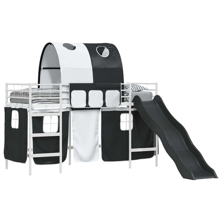 Pat supraetajat pentru copii, vidaXL, Alb și Negru, metalic, cu tobogan, dimensiuni 100x190cm