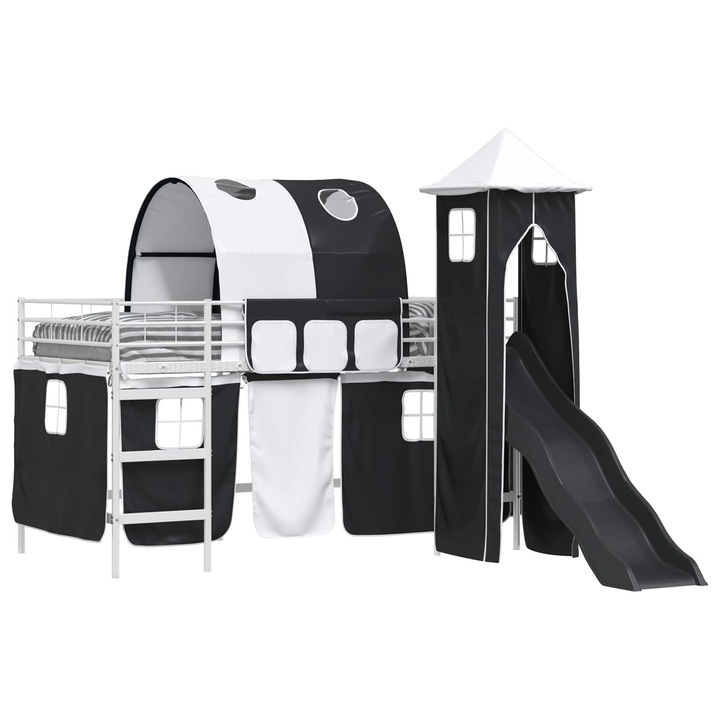 Cadru de pat supraetajat vidaXL, Alb și negru, Tobogan, Dimensiune 90 x 200 cm
