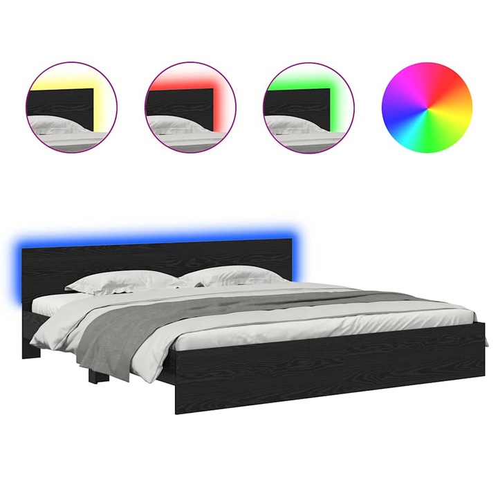 vidaXL Ágykeret LED -es lámpákkal Fekete tölgy 180 x 200 cm Faanyag 3403597