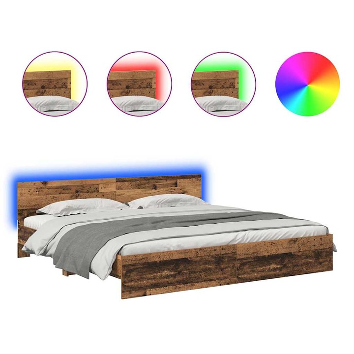 vidaXL Ágykeret LED -es lámpákkal Öreg fa 200 x 200 cm Faanyag 3403601